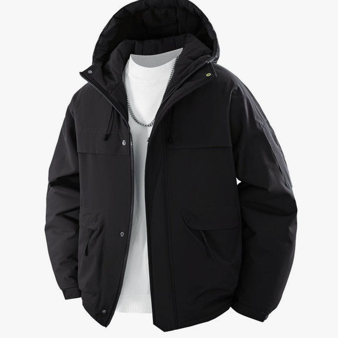 Men's Padded Hooded Parka Winter Jacket Zip Pockets - Obsidian Black