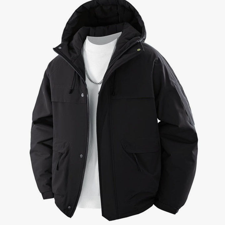 Men's Padded Hooded Parka Winter Jacket Zip Pockets - Obsidian Black