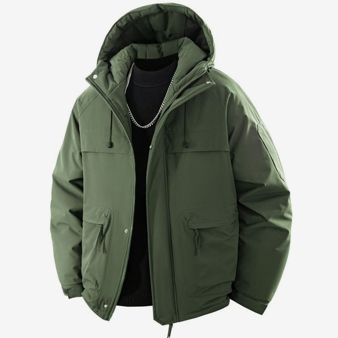 Men's Padded Hooded Parka Winter Jacket Zip Pockets - Olive Green
