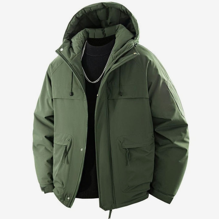Men's Padded Hooded Parka Winter Jacket Zip Pockets - Olive Green