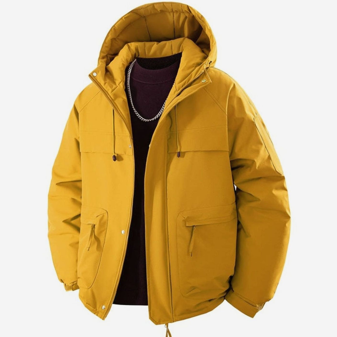 Men's Padded Hooded Parka Winter Jacket Zip Pockets - Mustard Yellow