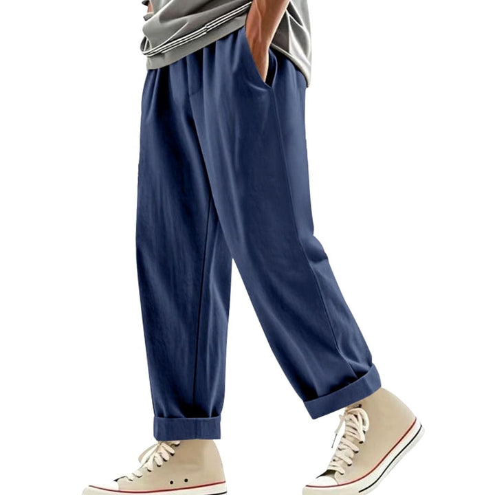 Men's Pleated Tapered Chino Pants Drawstring Elastic Waist - Navy Blue