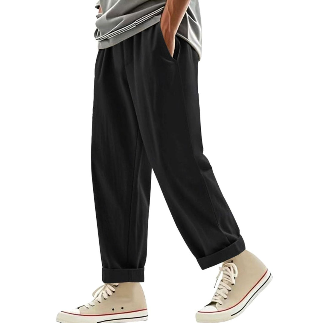 Men's Pleated Tapered Chino Pants Drawstring Elastic Waist - Black