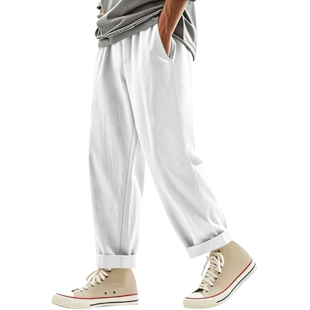 Men's Pleated Tapered Chino Pants Drawstring Elastic Waist - White
