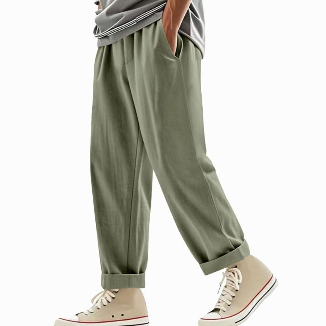 Men's Pleated Tapered Chino Pants Drawstring Elastic Waist - Olive Green
