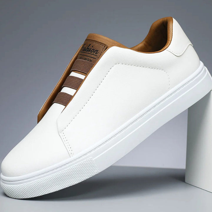 Men's Premium White Leather Slip-On Loop-Lace Sneakers