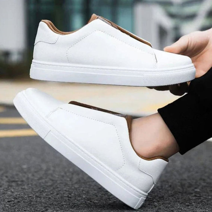 Men's Premium White Leather Slip-On Loop-Lace Sneakers