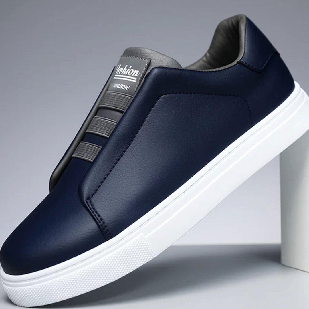 Men's Premium White Leather Slip-On Loop-Lace Sneakers
