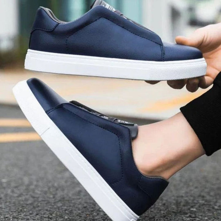 Men's Premium White Leather Slip-On Loop-Lace Sneakers