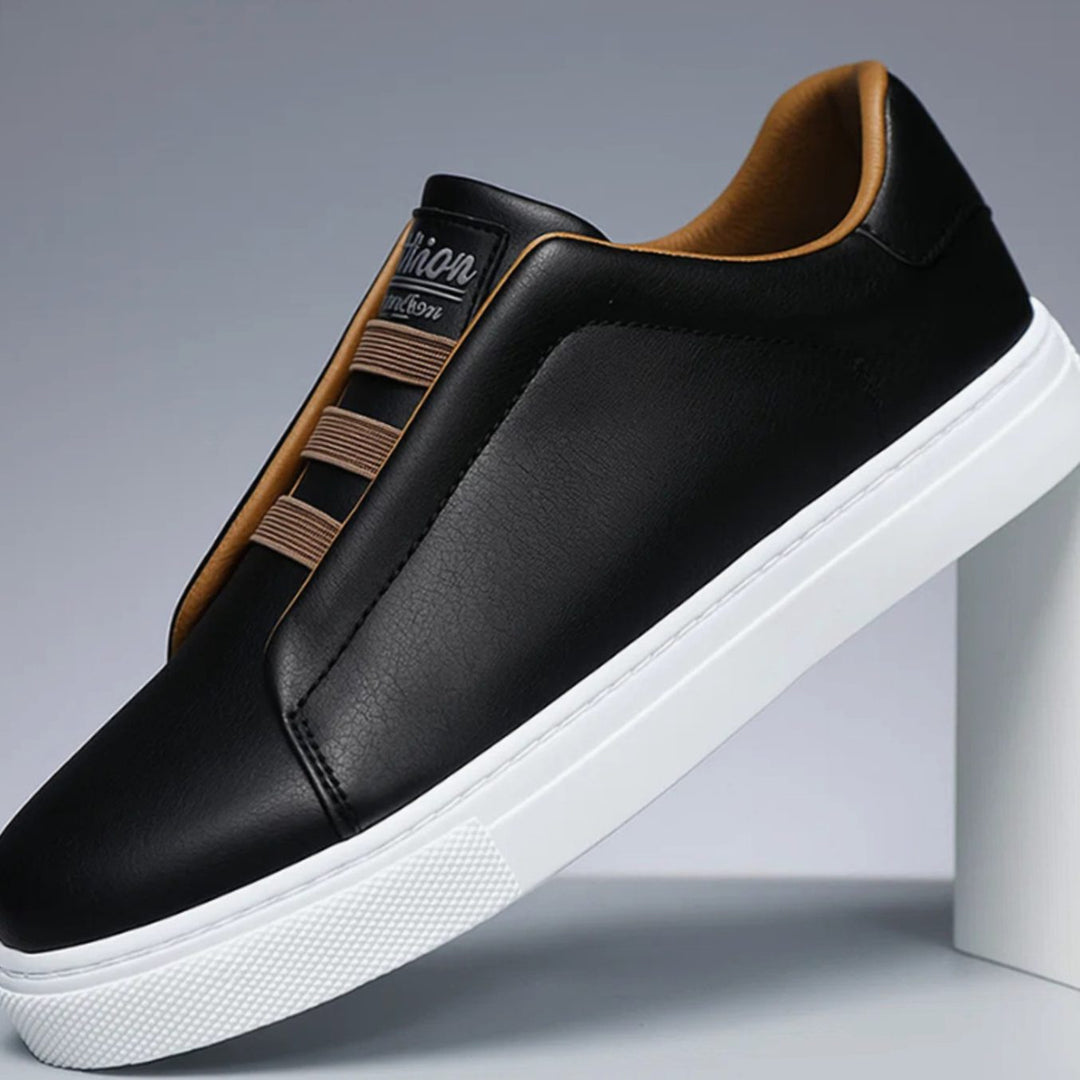 Men's Premium White Leather Slip-On Loop-Lace Sneakers