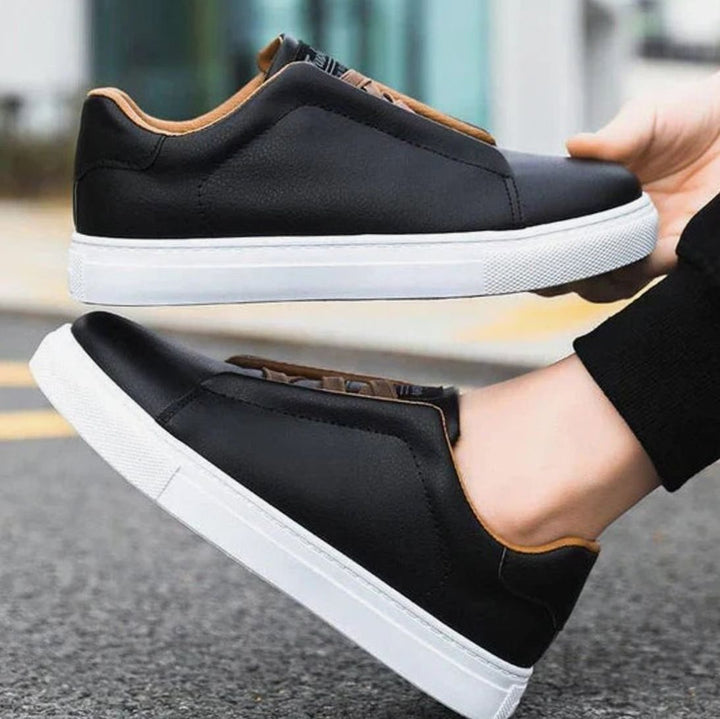 Men's Premium White Leather Slip-On Loop-Lace Sneakers