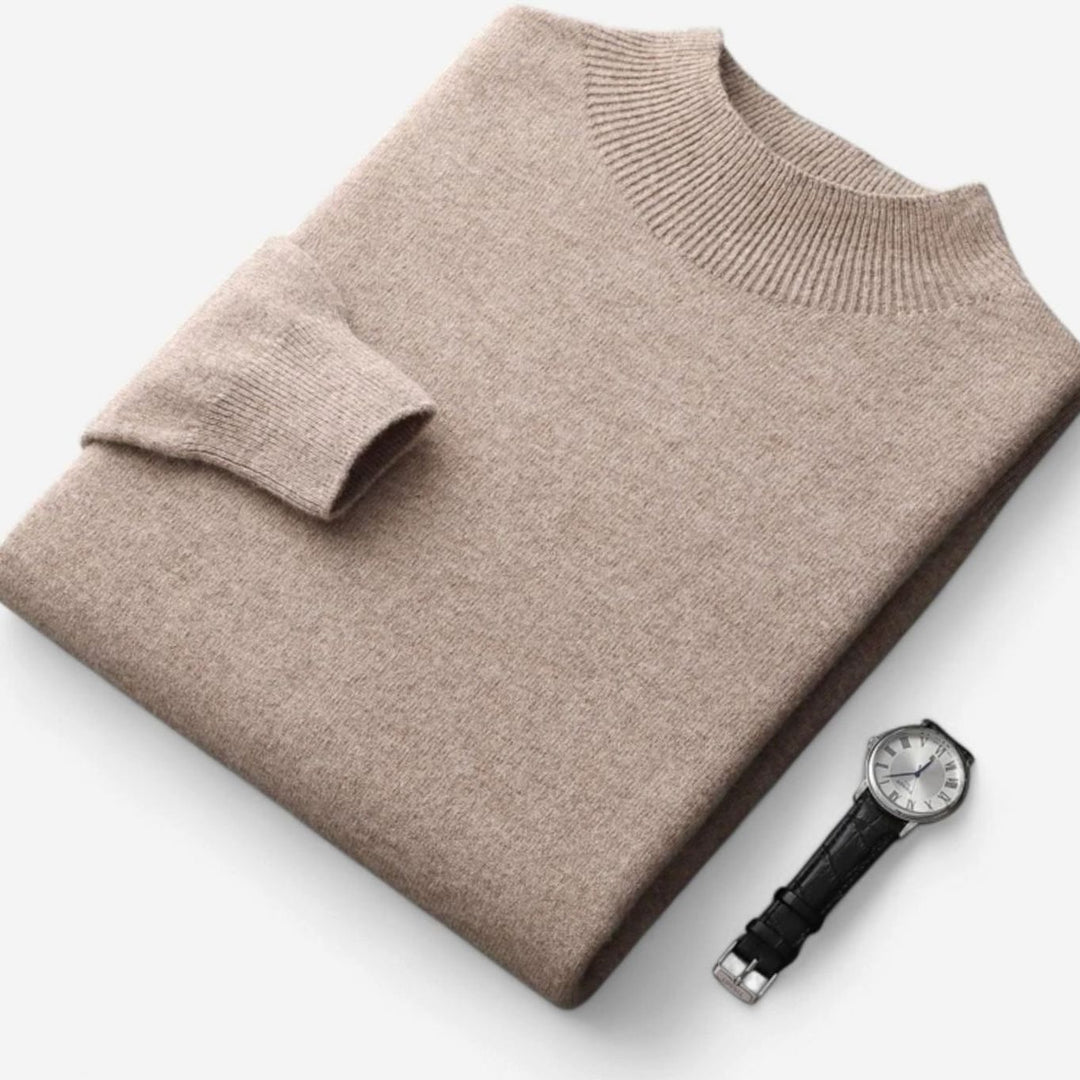 Men's Pure Wool Mock-Neck Pullover Sweater - Khaki