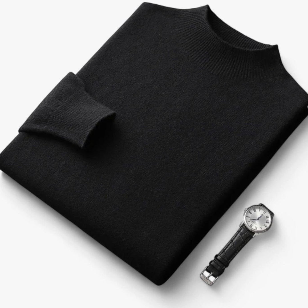 Men's Pure Wool Mock-Neck Pullover Sweater - Black