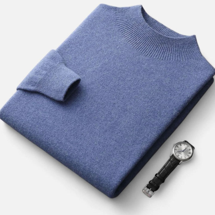 Men's Pure Wool Mock-Neck Pullover Sweater - Blue