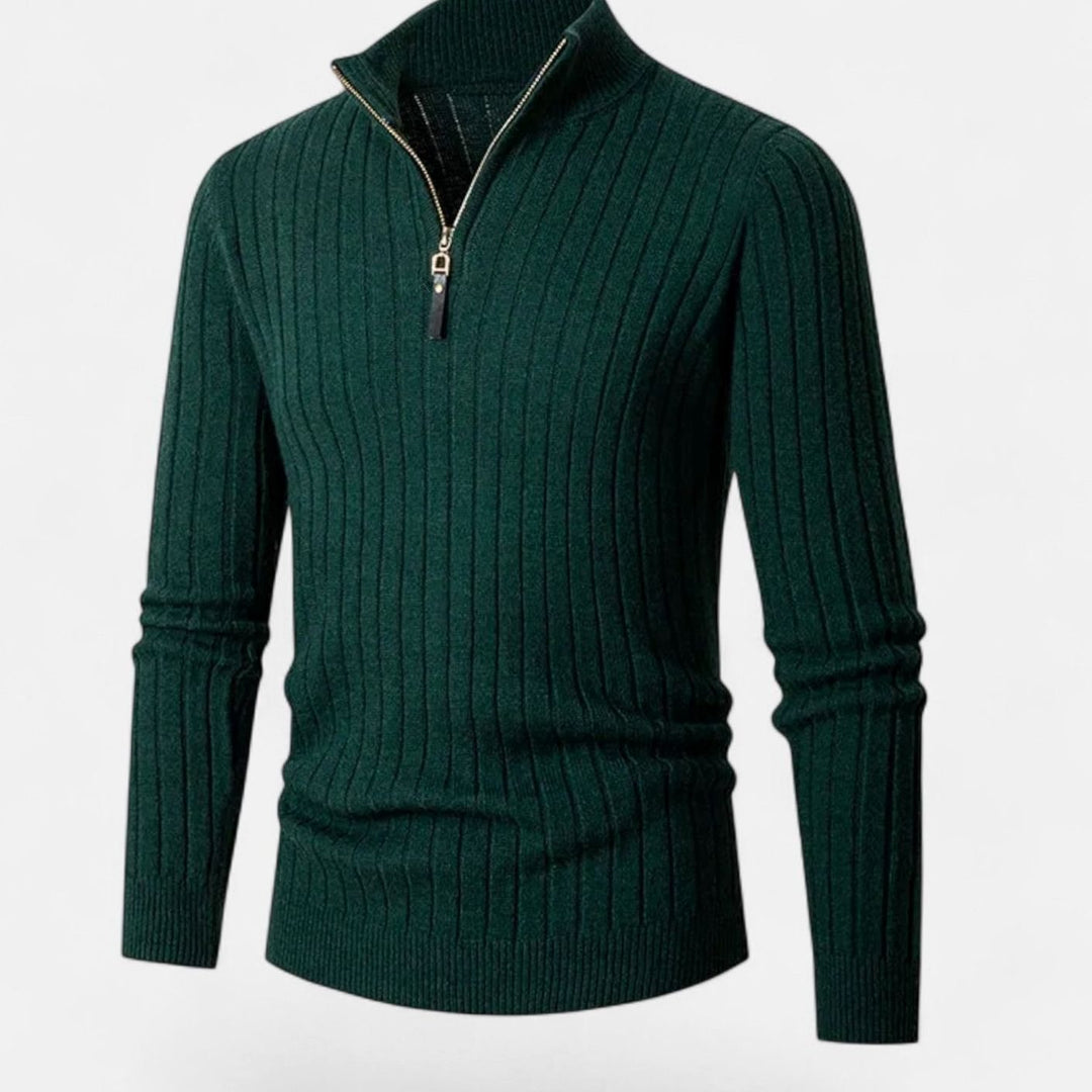 Men's Quarter-Zip Ribbed Knit Sweater Stand Collar - Dark Green