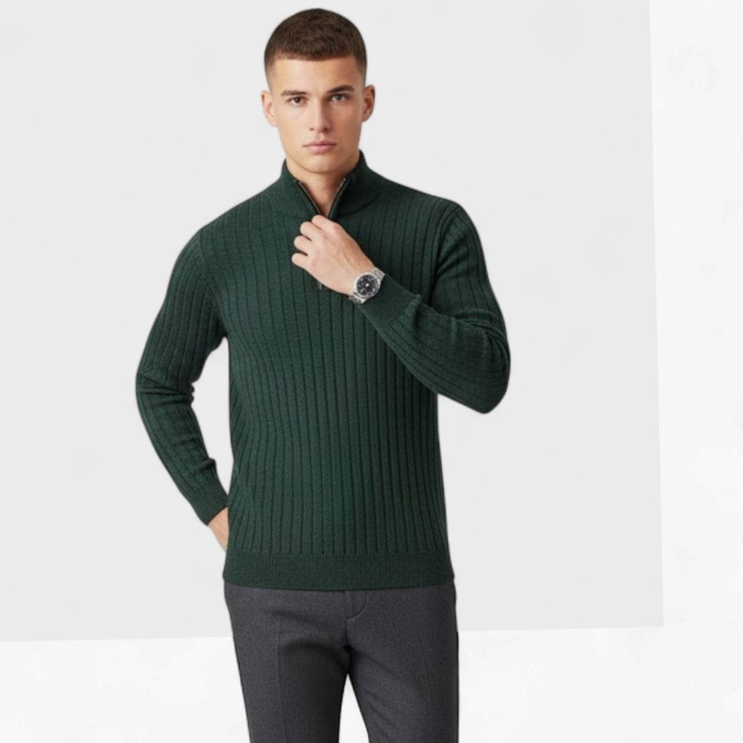 Men's Quarter-Zip Ribbed Knit Sweater Stand Collar