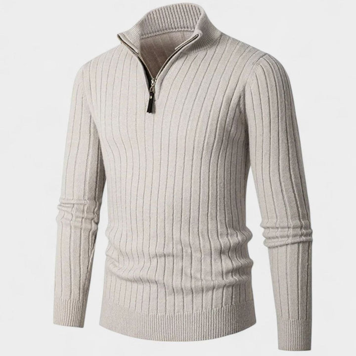 Men's Quarter-Zip Ribbed Knit Sweater Stand Collar - White