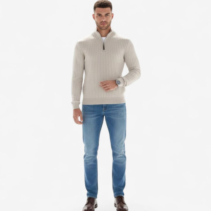 Men's Quarter-Zip Ribbed Knit Sweater Stand Collar