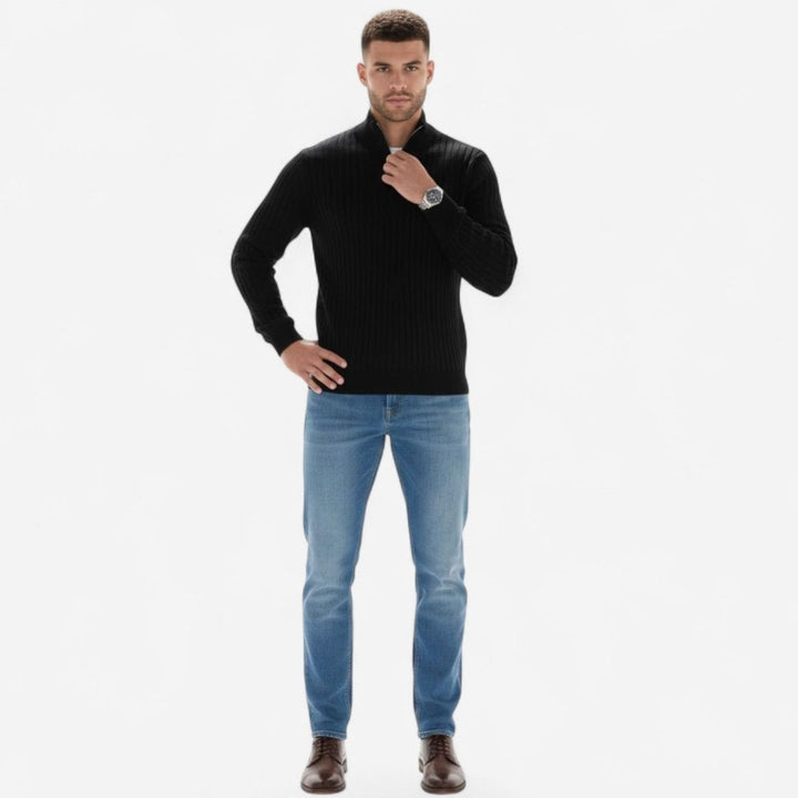 Men's Quarter-Zip Ribbed Knit Sweater Stand Collar