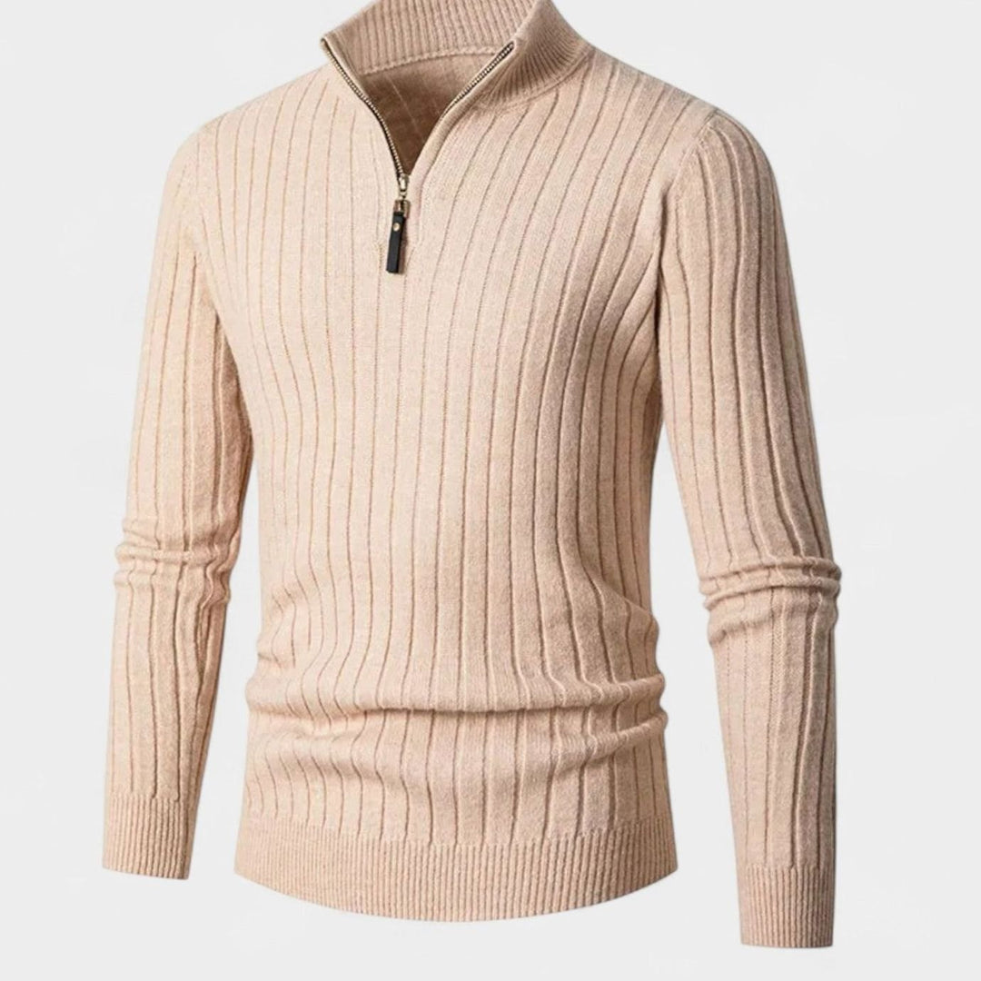 Men's Quarter-Zip Ribbed Knit Sweater Stand Collar - Apricot