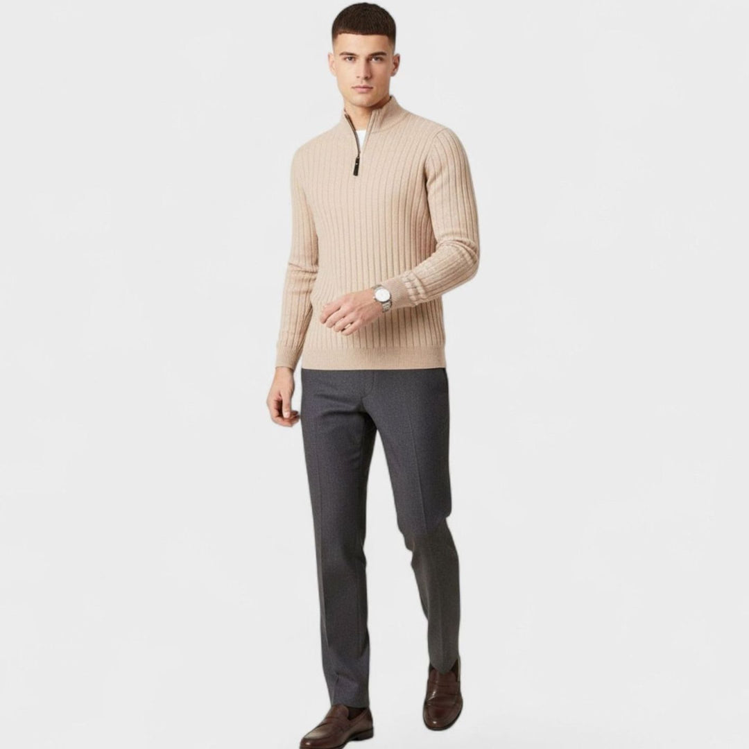 Men's Quarter-Zip Ribbed Knit Sweater Stand Collar