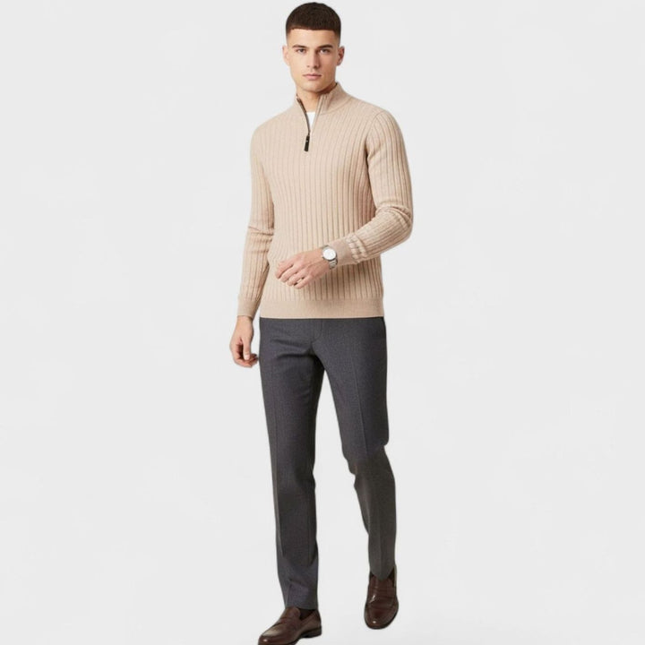 Men's Quarter-Zip Ribbed Knit Sweater Stand Collar