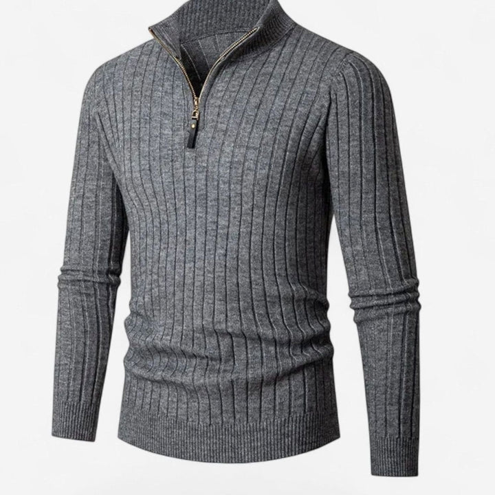 Men's Quarter-Zip Ribbed Knit Sweater Stand Collar - Grey