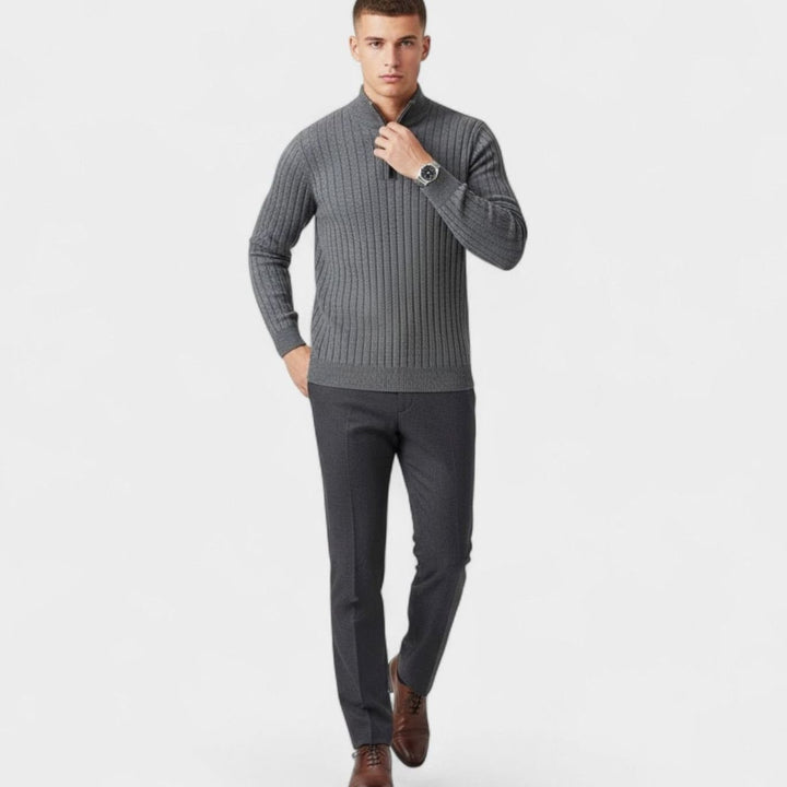 Men's Quarter-Zip Ribbed Knit Sweater Stand Collar