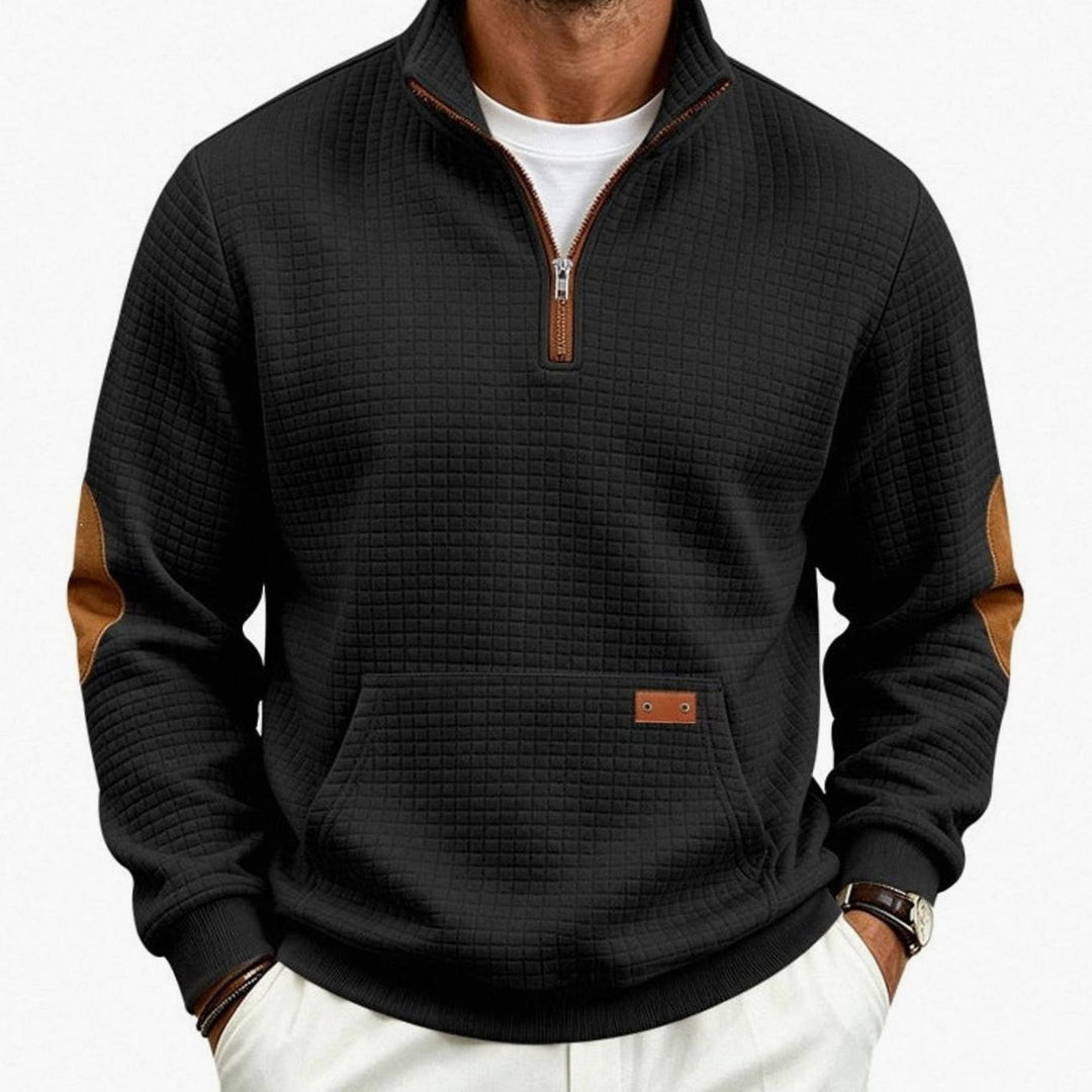 Men's Quarter-Zip Waffle-Knit Fleece Pullover Sweatshirt, Light Gray - Black