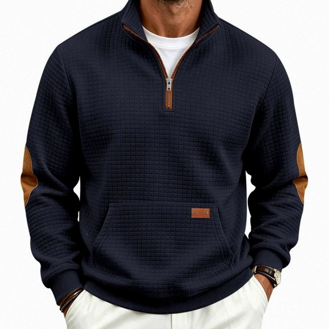 Men's Quarter-Zip Waffle-Knit Fleece Pullover Sweatshirt, Light Gray - Navy Blue