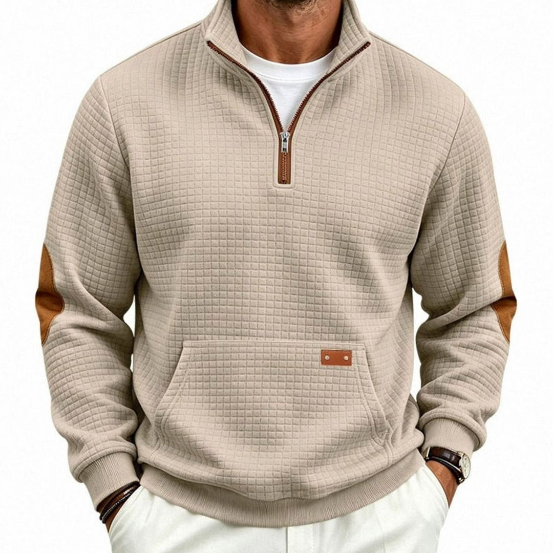 Men's Quarter-Zip Waffle-Knit Fleece Pullover Sweatshirt, Light Gray - Khaki