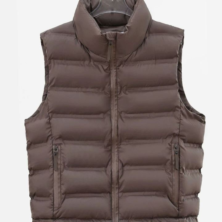 Men's Quilted Down Puffer Vest Stand-Collar Wind-Repellent Gilet - Coffee Brown