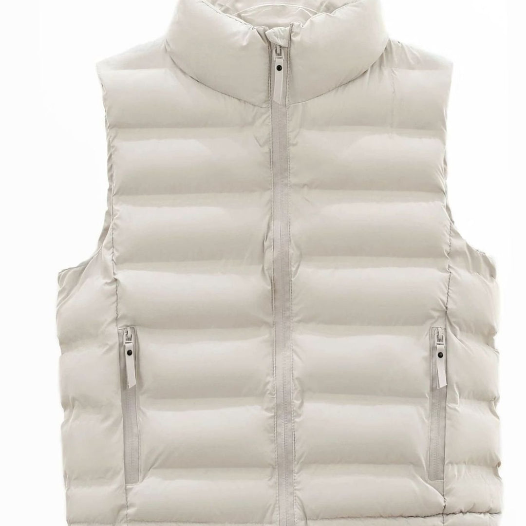 Men's Quilted Down Puffer Vest Stand-Collar Wind-Repellent Gilet - Ecru