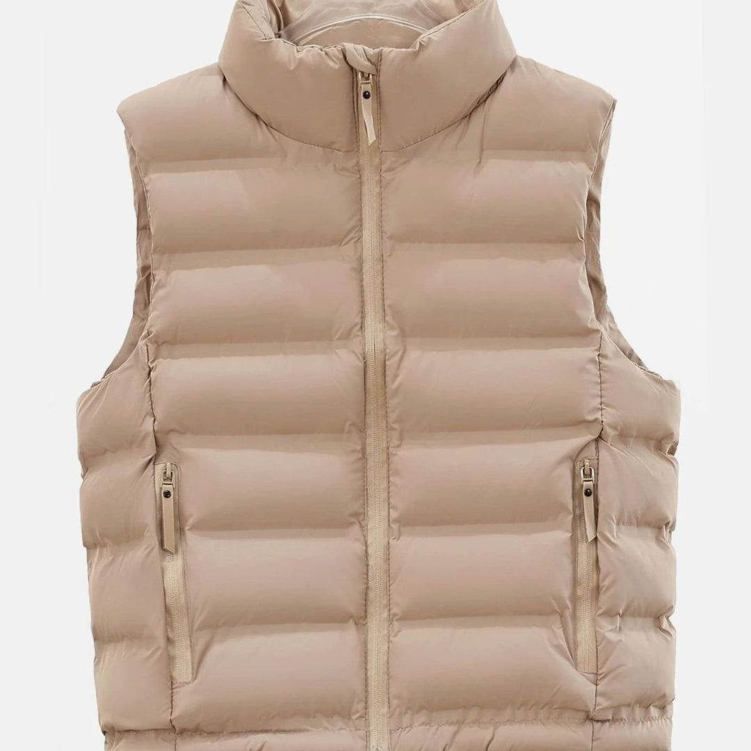 Men's Quilted Down Puffer Vest Stand-Collar Wind-Repellent Gilet - Khaki