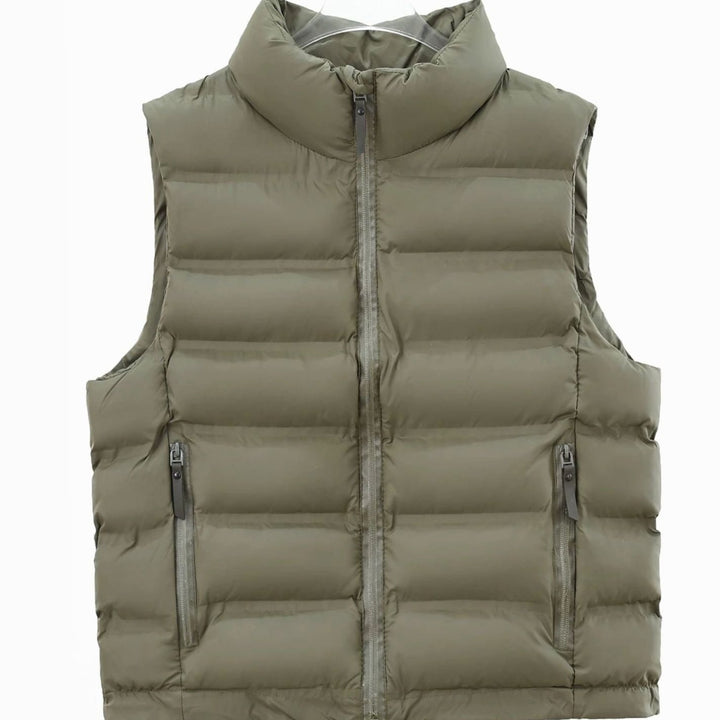 Men's Quilted Down Puffer Vest Stand-Collar Wind-Repellent Gilet - Military Green