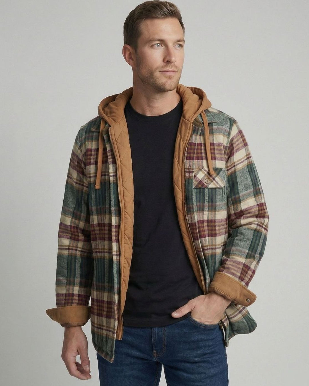 Men's Quilted-Lined Hooded Flannel Shirt Jacket Plaid - Cream Green