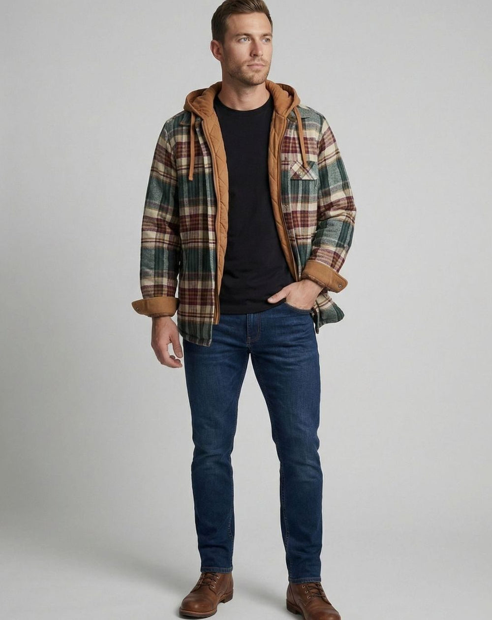 Men's Quilted-Lined Hooded Flannel Shirt Jacket Plaid