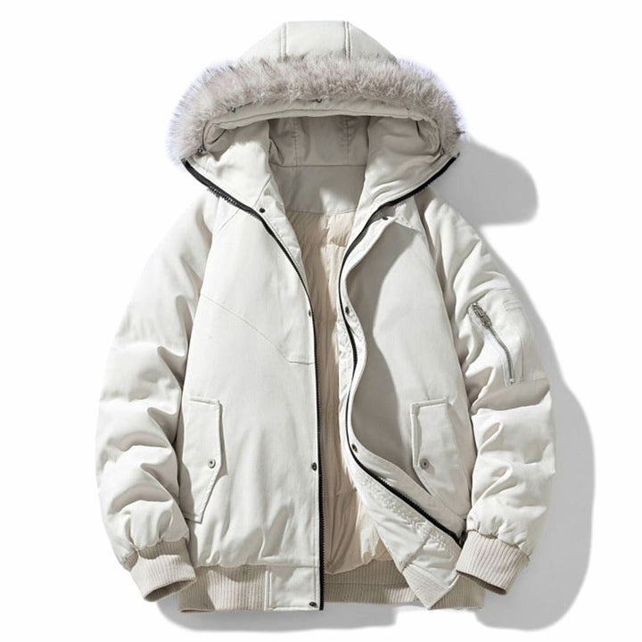Men's Quilted Winter Parka Faux Fur Hooded Windproof Jacket - Apricot