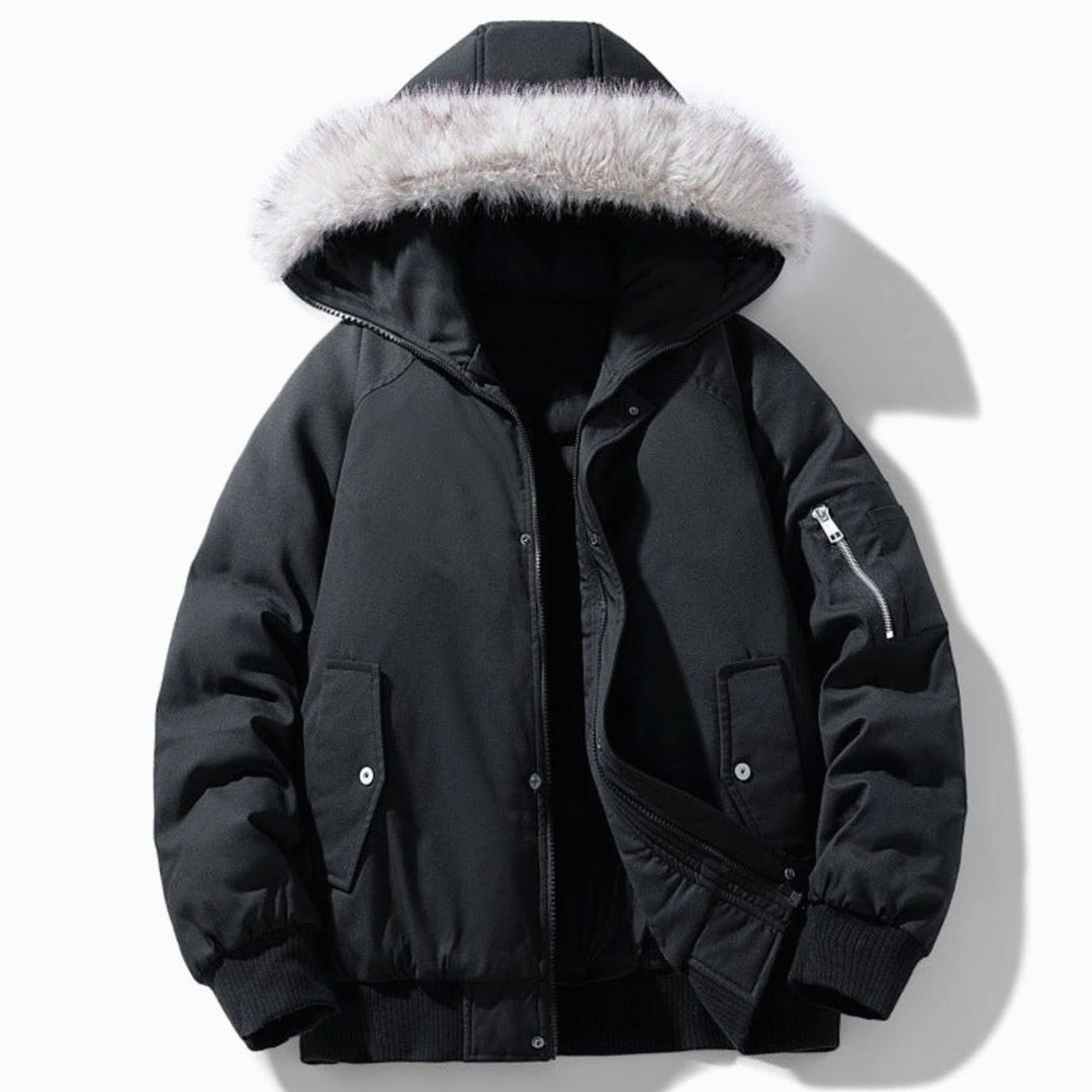 Men's Quilted Winter Parka Faux Fur Hooded Windproof Jacket - Black