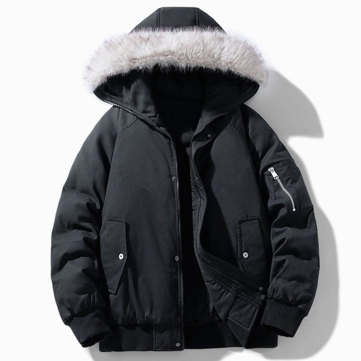 Men's Quilted Winter Parka Faux Fur Hooded Windproof Jacket - Black