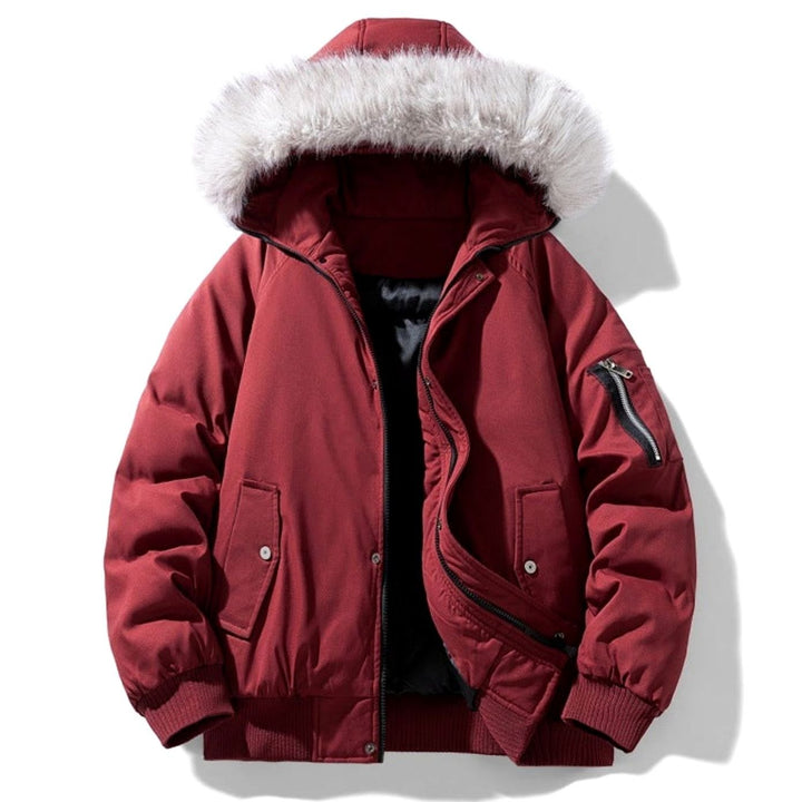 Men's Quilted Winter Parka Faux Fur Hooded Windproof Jacket - Wine Red