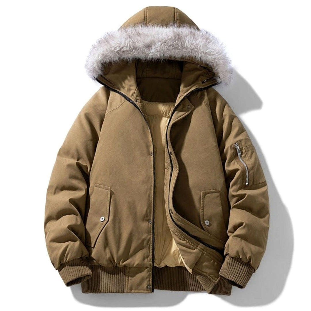 Men's Quilted Winter Parka Faux Fur Hooded Windproof Jacket - Ochre