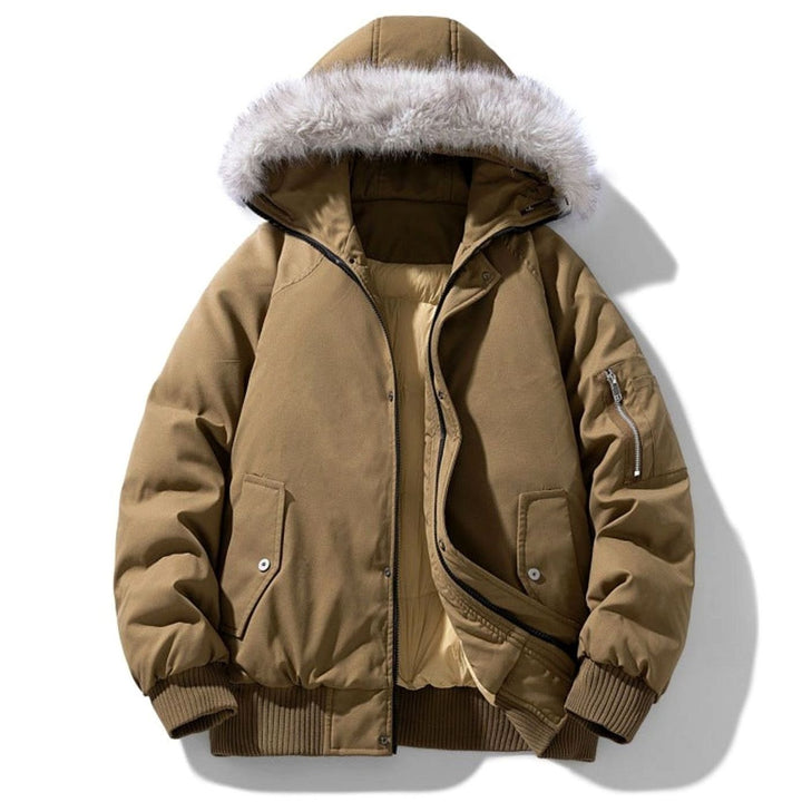 Men's Quilted Winter Parka Faux Fur Hooded Windproof Jacket - Ochre