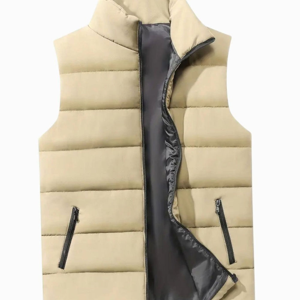 Men's Quilted Zip-Up Puffer Vest Winter Warm Sleeveless Jacket - Beige