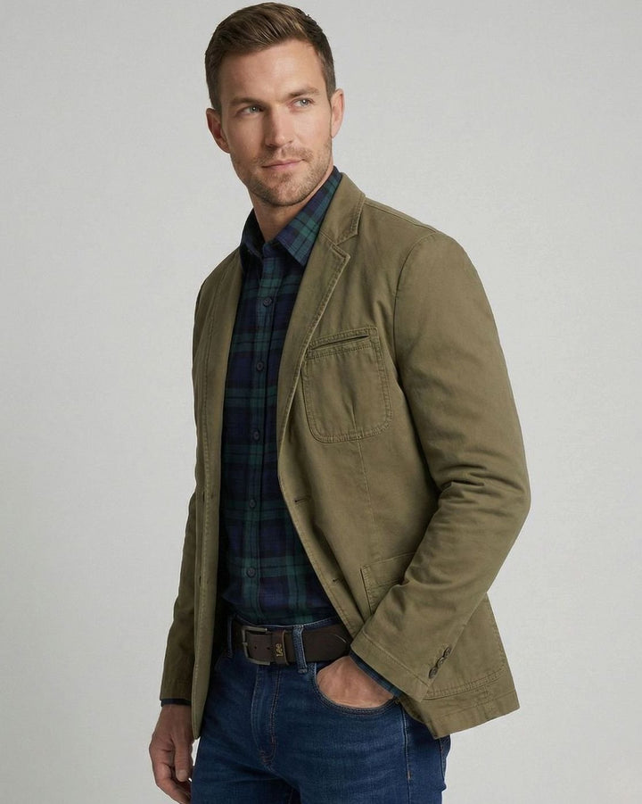 Men's Regular-Fit Cotton Twill Two-Button Blazer Jacket - Olive Green