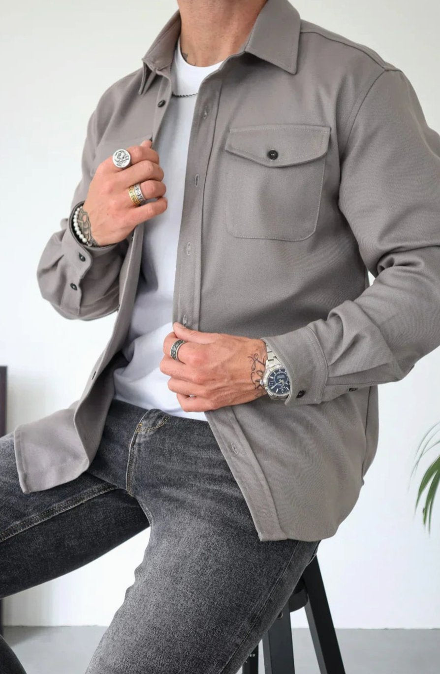 Men's Relaxed-Fit Button-Down Long Sleeve Overshirt Jacket - Grey