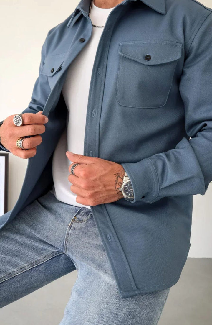 Men's Relaxed-Fit Button-Down Long Sleeve Overshirt Jacket - Blue
