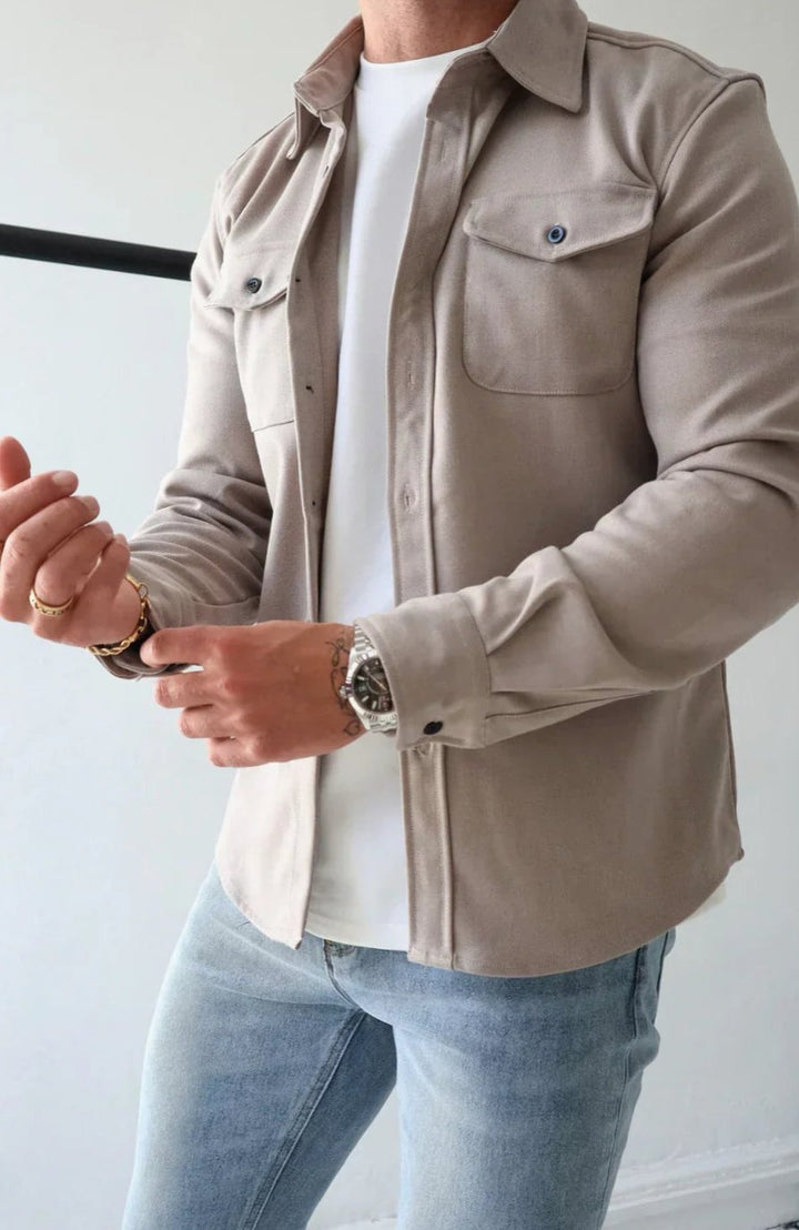 Men's Relaxed-Fit Button-Down Long Sleeve Overshirt Jacket - Stone