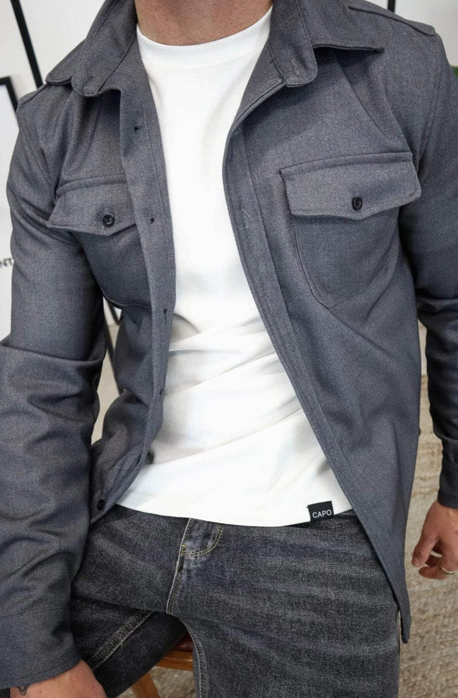 Men's Relaxed-Fit Button-Down Long Sleeve Overshirt Jacket - Dark Grey