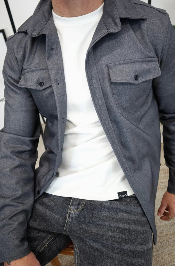 Men's Relaxed-Fit Button-Down Long Sleeve Overshirt Jacket - Dark Grey